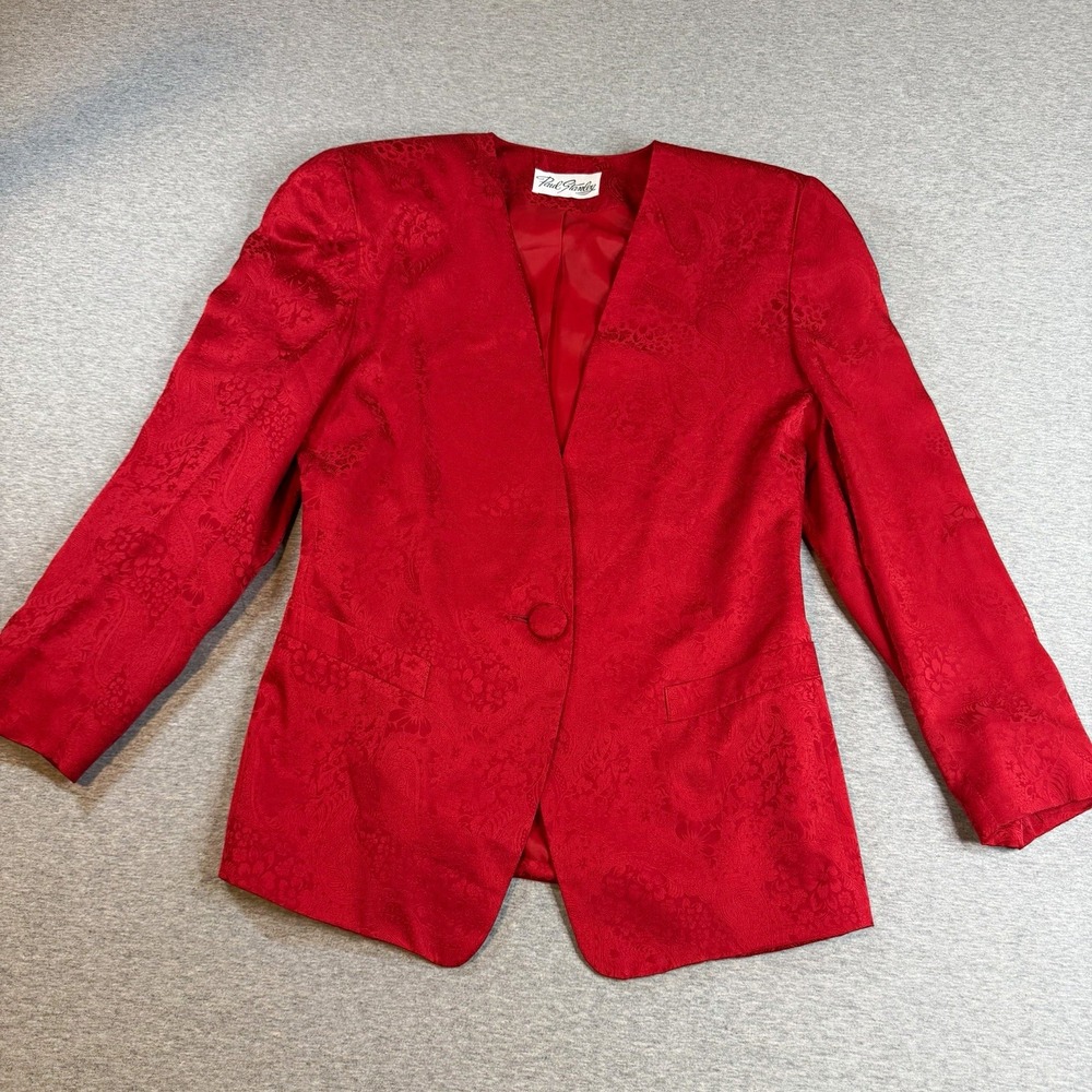 Vintage Paul Stanley Red Silk Blazer Power Jacket Textured Single Button Sz 2